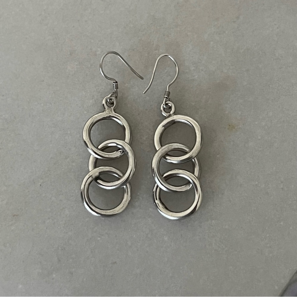 Sterling Silver Solid Three Ring Dangle Earrings - image 3